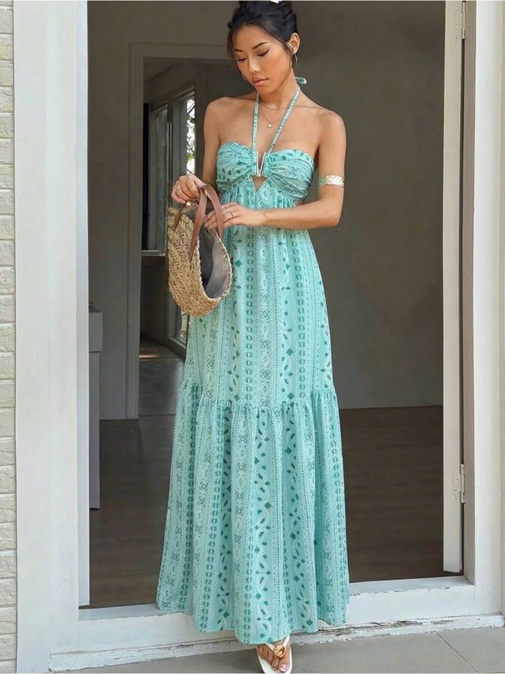 SHEIN Mint Green Lace Halter Strapless Maxi Dress